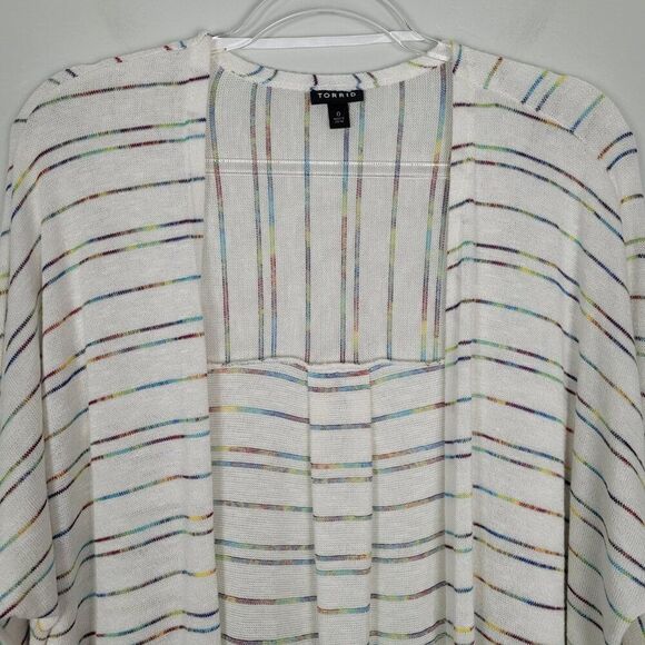 Torrid Cardigan Dolman Sleeve Long Open Front White Rainbow Multi Stripe Size 0X - Picture 4 of 13
